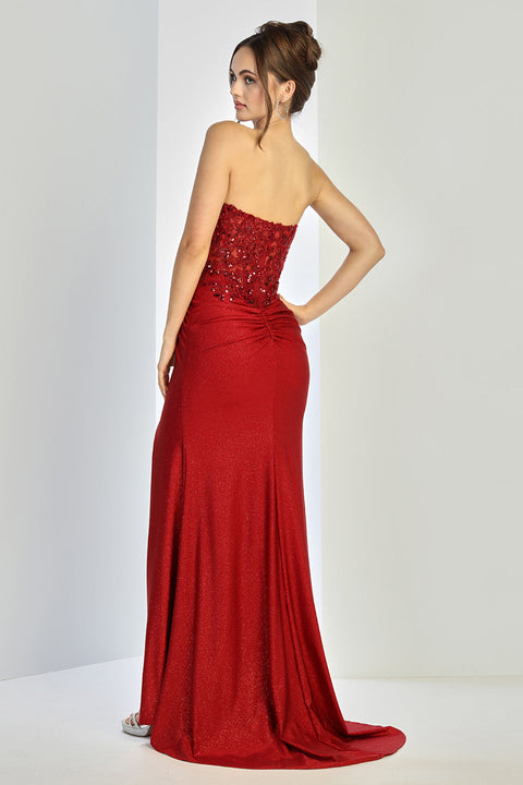 Adora Design 3253 Sparkling Glitter Long Prom Dress with Pleated Skirt and Side Slit for Formal Occasions