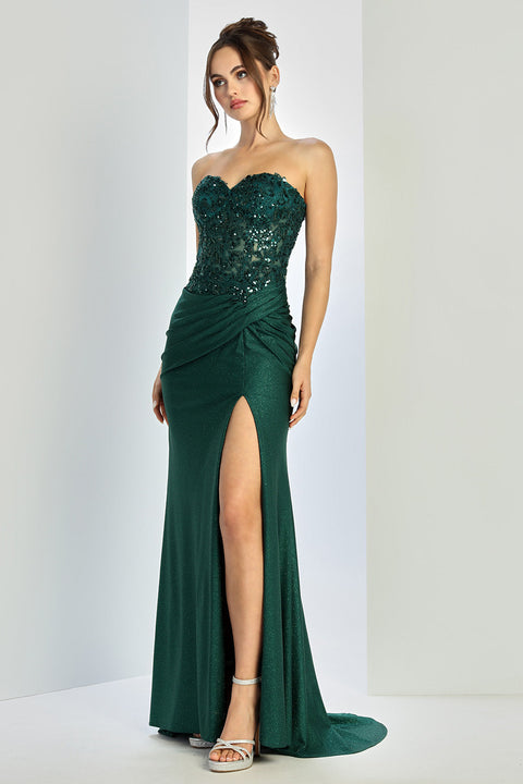 Adora Design 3253 Sparkling Glitter Long Prom Dress with Pleated Skirt and Side Slit for Formal Occasions