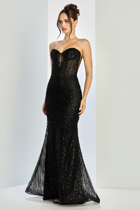 Adora Design 3263 Dazzling Fitted Long Prom Dress with Glitter Detailing for Formal Evenings