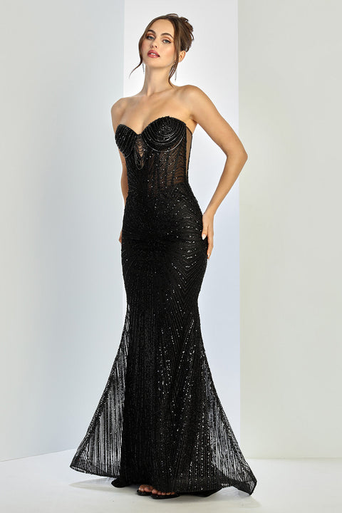 Adora Design 3263 Dazzling Fitted Long Prom Dress with Glitter Detailing for Formal Evenings