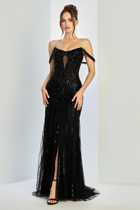 Adora Design 3271 Glamorous Fitted Long Evening Dress with Beaded Sequin Detailing for Prom and Formal Events