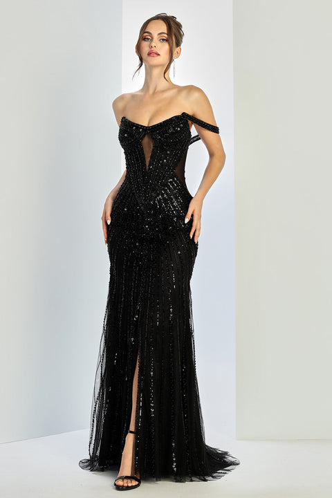 Adora Design 3271 Glamorous Fitted Long Evening Dress with Beaded Sequin Detailing for Prom and Formal Events