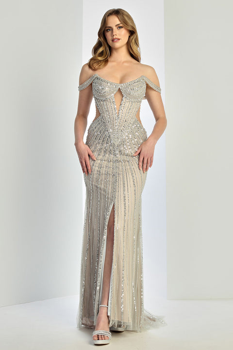 Adora Design 3271 Glamorous Fitted Long Evening Dress with Beaded Sequin Detailing for Prom and Formal Events
