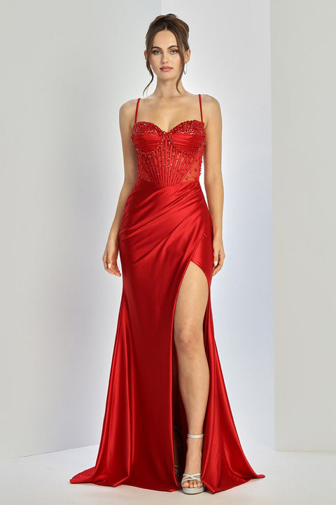 Adora Design 3273 Elegant Fitted Long Prom Dress with Beaded Detailing and Side Slit for Formal Occasions