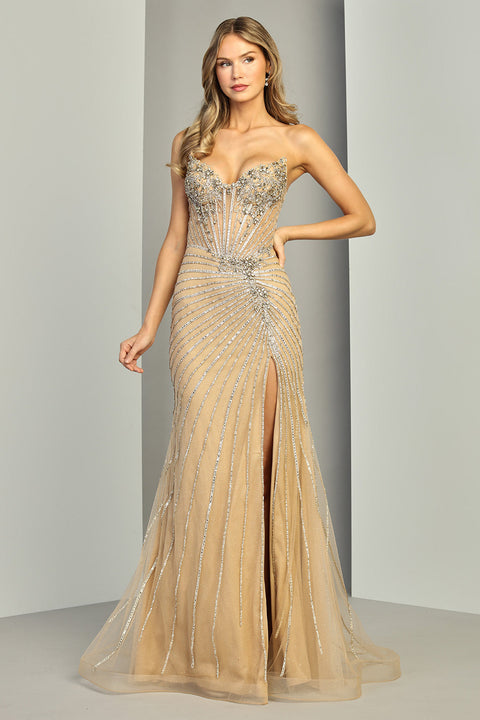 Adora Design 3408 Strapless Curved Neck Sequin Mermaid Prom Dress in Plum