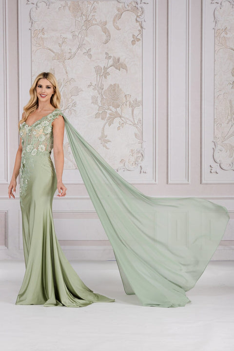 Amelia Couture 388 One-Shoulder Gown with 3D Floral Details and Cape