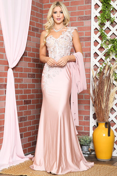 Amelia Couture 388 One-Shoulder Gown with 3D Floral Details and Cape