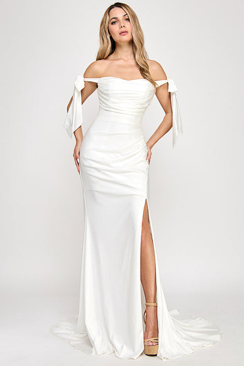 Simple Long Bridal Gown Pleated Slit Wedding Dress Lenovia 8358