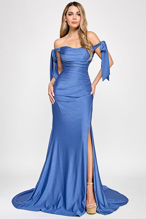 Long Fitted Pleated Formal Dress Lenovia 8358