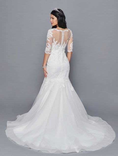 DeKlaire 418 Mermaid Wedding Dress with V-Neckline, Mid-Length Sleeves & Court Train