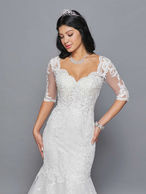 DeKlaire 418 Mermaid Wedding Dress with V-Neckline, Mid-Length Sleeves & Court Train