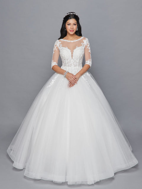 DeKlaire 421 A-Line Wedding Dress with Illusion Boat Neckline, Mid Sleeves & Beaded Lace