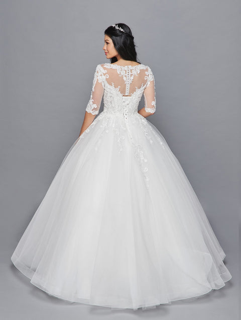 DeKlaire 421 A-Line Wedding Dress with Illusion Boat Neckline, Mid Sleeves & Beaded Lace
