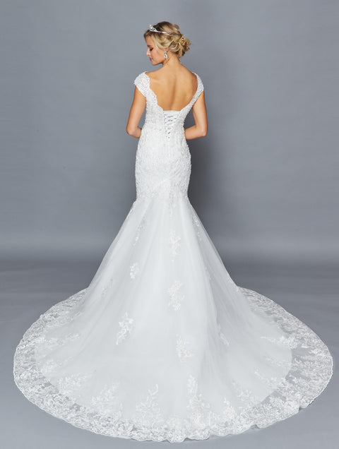 DeKlaire 423 Mermaid Wedding Dress with Scalloped V-Neckline, Illusion Panel & Chapel Train