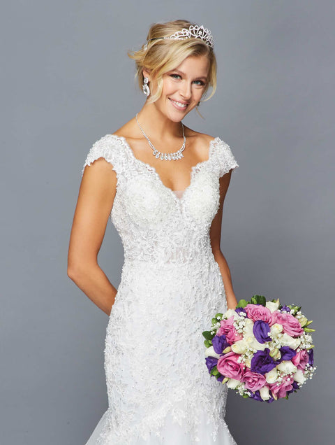 DeKlaire 423 Mermaid Wedding Dress with Scalloped V-Neckline, Illusion Panel & Chapel Train