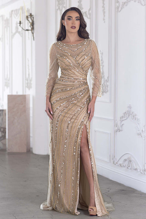 Long Sleeve Mother of the Bride Beaded Formal Dress Lenovia 8383
