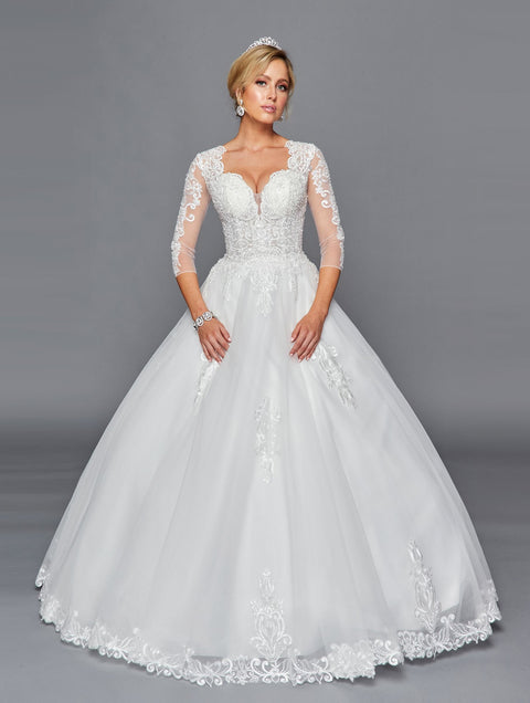 DeKlaire 436 A-Line Wedding Dress with V-Neckline, Beaded Lace & Mid-Length Sleeves