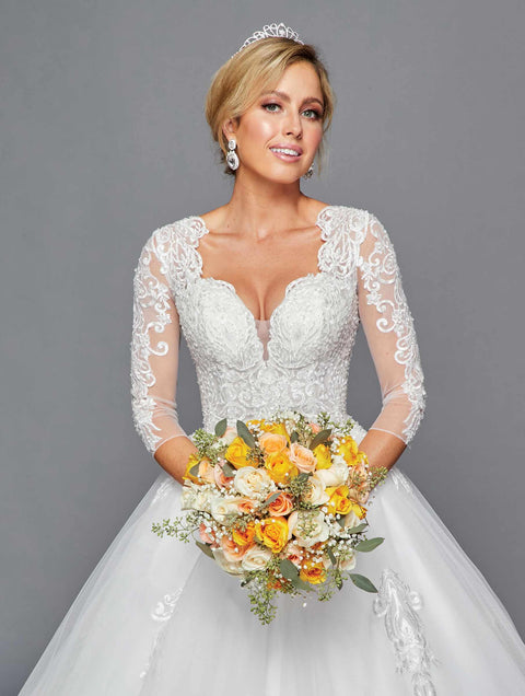 DeKlaire 436 A-Line Wedding Dress with V-Neckline, Beaded Lace & Mid-Length Sleeves