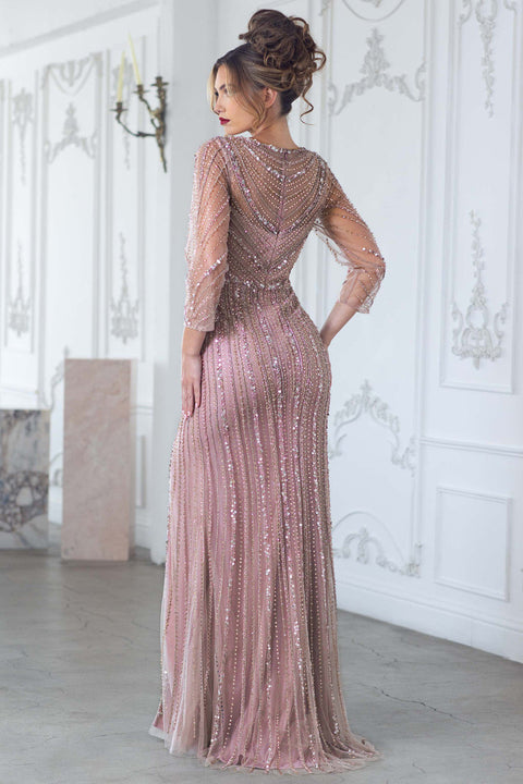 Long Sleeve Mother of the Bride Beaded Formal Dress Lenovia 8383