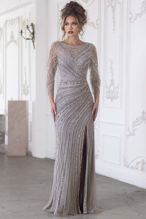Long Sleeve Mother of the Bride Beaded Formal Dress Lenovia 8383