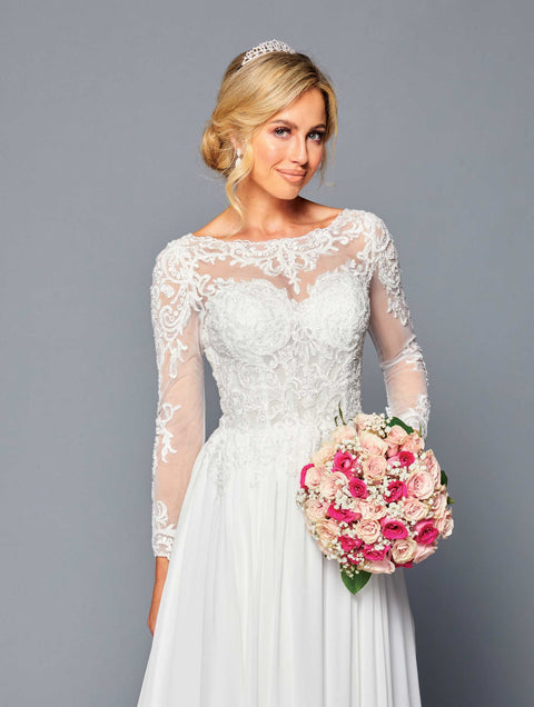 DeKlaire 453 Wedding Dress with Long Sleeves & Boat Neckline