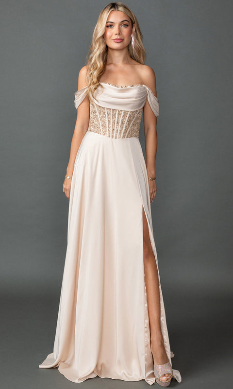 Dancing Queen 4546A - Off Shoulder Beaded Corset Satin Prom Dress
