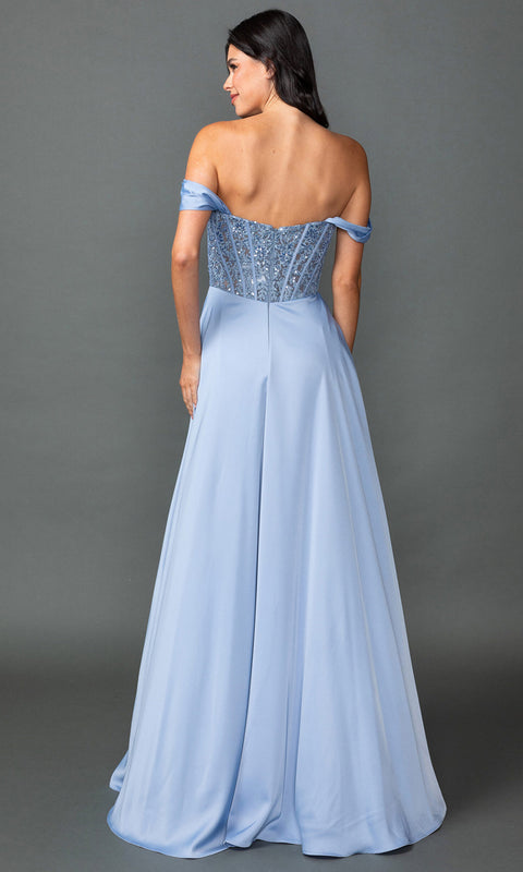 Dancing Queen 4546A - Off Shoulder Beaded Corset Satin Prom Dress