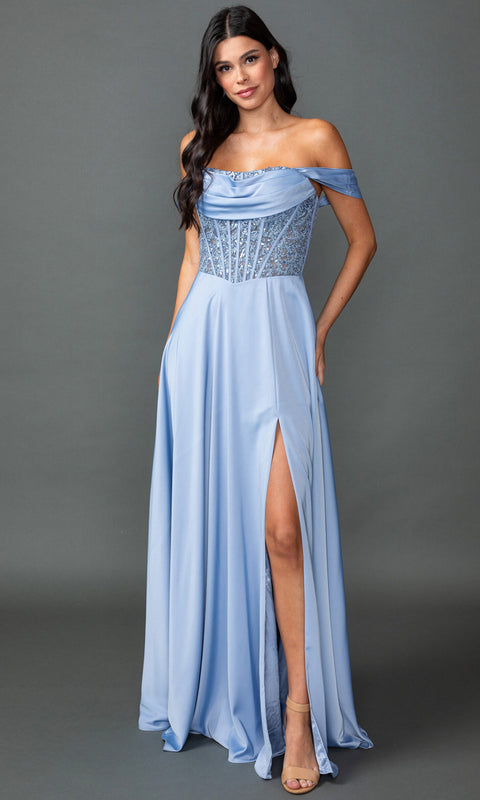 Dancing Queen 4546A - Off Shoulder Beaded Corset Satin Prom Dress