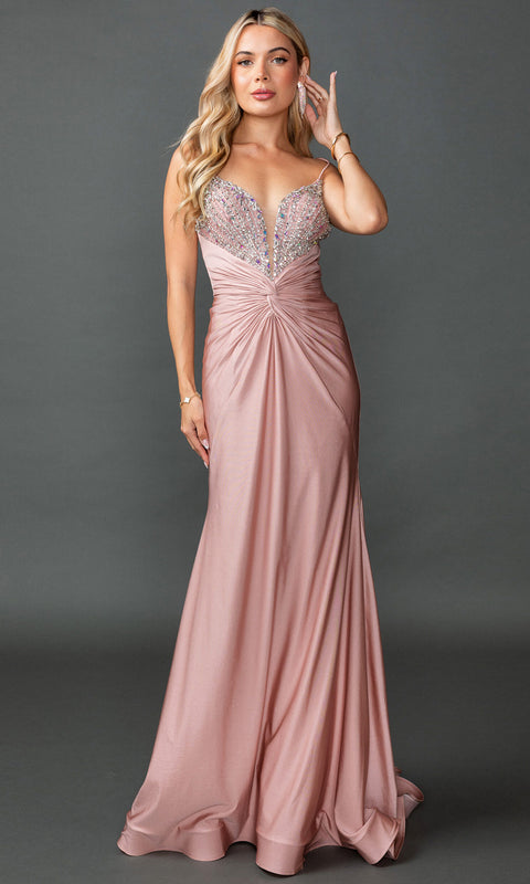 Dancing Queen 4553 - Beaded Plunge V-Neck Mermaid Prom Dress