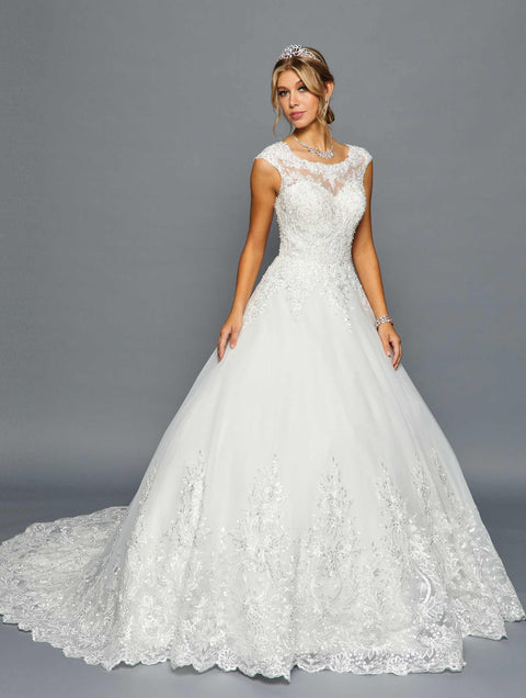DeKlaire 456 A-Line Wedding Dress with Scoop Neck, Cap Sleeves & Chapel Train