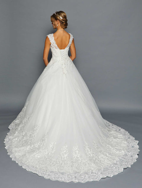 DeKlaire 456 A-Line Wedding Dress with Scoop Neck, Cap Sleeves & Chapel Train