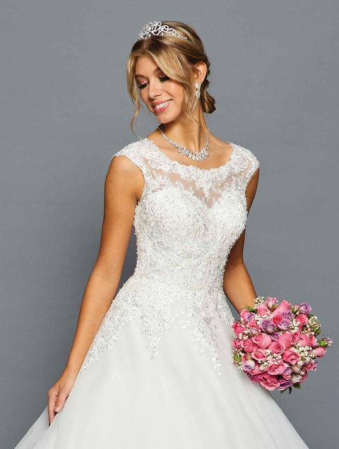 DeKlaire 456 A-Line Wedding Dress with Scoop Neck, Cap Sleeves & Chapel Train