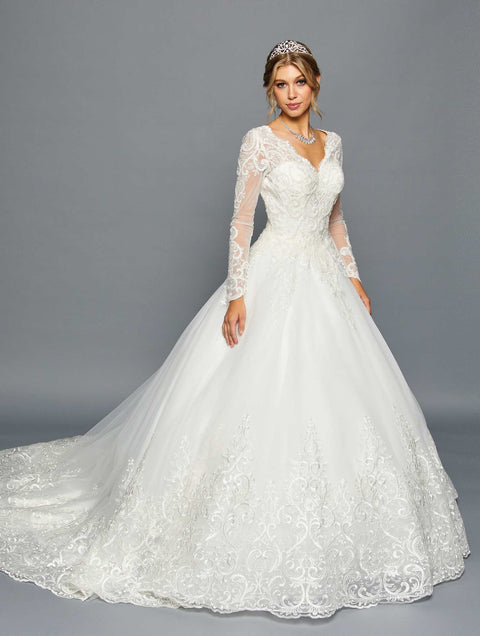 DeKlaire 457 Long Sleeve Wedding Gown with Scalloped V-Neckline