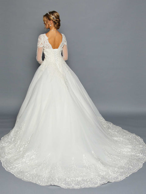 DeKlaire 457 Long Sleeve Wedding Gown with Scalloped V-Neckline