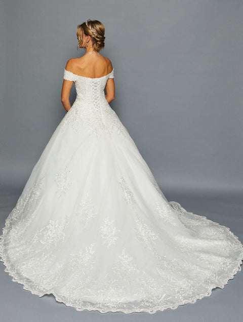 DeKlaire 458 Off-the-Shoulder Lace Tulle A-Line Wedding Dress with Chapel Train