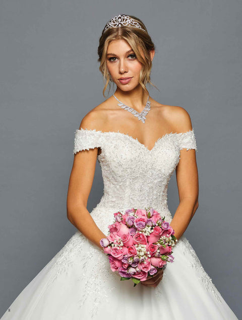DeKlaire 458 Off-the-Shoulder Lace Tulle A-Line Wedding Dress with Chapel Train