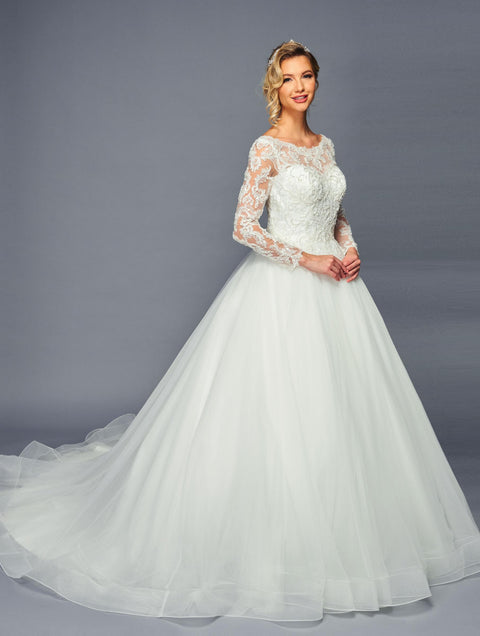 DeKlaire 471 A-Line Ballgown Wedding Dress with Boat Neck & Long Sleeves