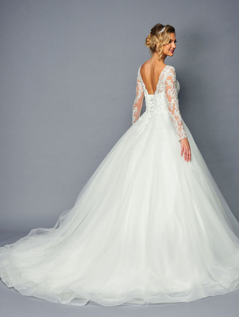 DeKlaire 471 A-Line Ballgown Wedding Dress with Boat Neck & Long Sleeves
