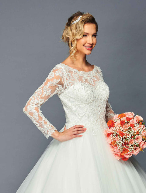 DeKlaire 471 A-Line Ballgown Wedding Dress with Boat Neck & Long Sleeves