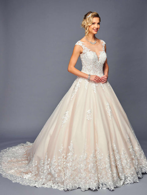 DeKlaire 474 A-Line Wedding Gown with Cap Sleeves & Illusion Boat Neckline