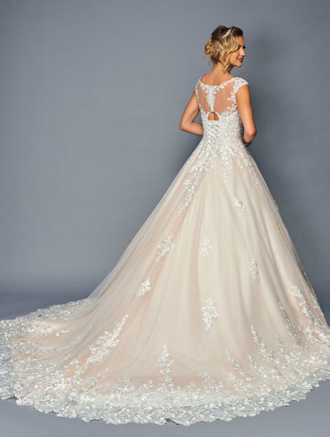 DeKlaire 474 A-Line Wedding Gown with Cap Sleeves & Illusion Boat Neckline