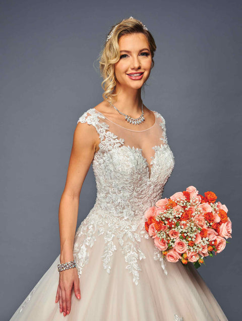 DeKlaire 474 A-Line Wedding Gown with Cap Sleeves & Illusion Boat Neckline
