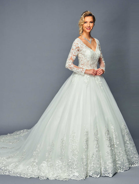 DeKlaire 476 A-Line Wedding Ballgown with Long Sleeves & V-Neck