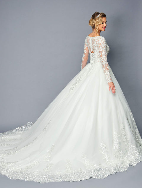 DeKlaire 476 A-Line Wedding Ballgown with Long Sleeves & V-Neck