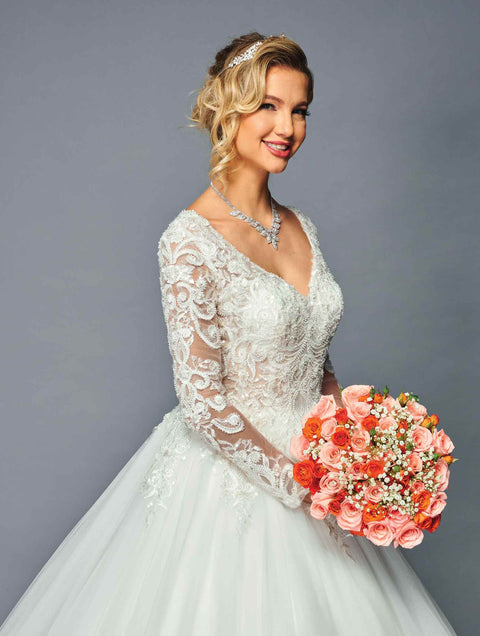DeKlaire 476 A-Line Wedding Ballgown with Long Sleeves & V-Neck
