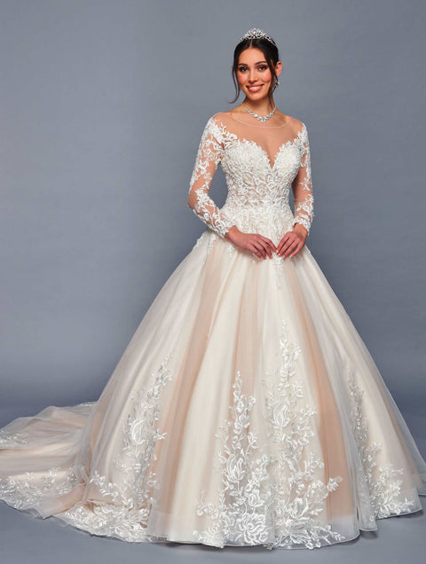 DeKlaire 478 Illusion Boat Neck Wedding Gown with Long Sleeves & Lace Appliqué