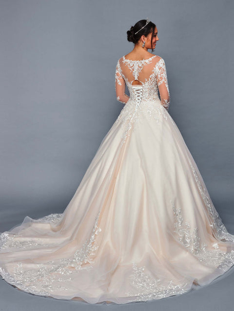 DeKlaire 478 Illusion Boat Neck Wedding Gown with Long Sleeves & Lace Appliqué