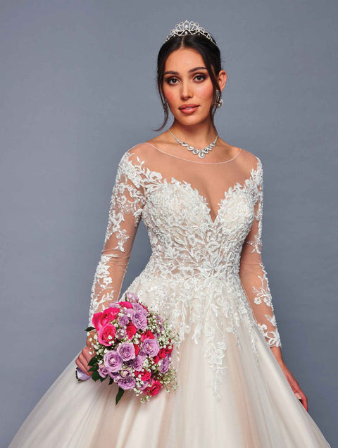 DeKlaire 478 Illusion Boat Neck Wedding Gown with Long Sleeves & Lace Appliqué