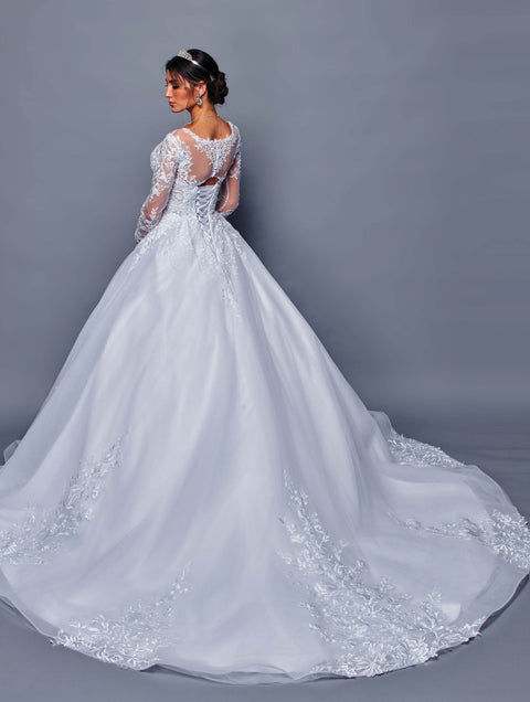 DeKlaire 478 Illusion Boat Neck Wedding Gown with Long Sleeves & Lace Appliqué