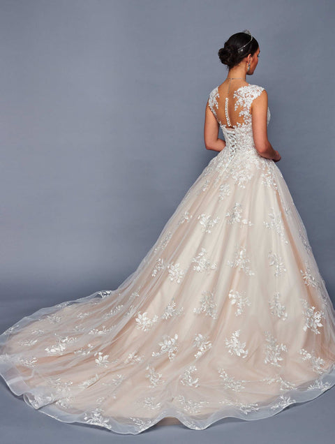 DeKlaire 480 A-Line Wedding Ball Gown with Illusion V-Neck & Cap Sleeves